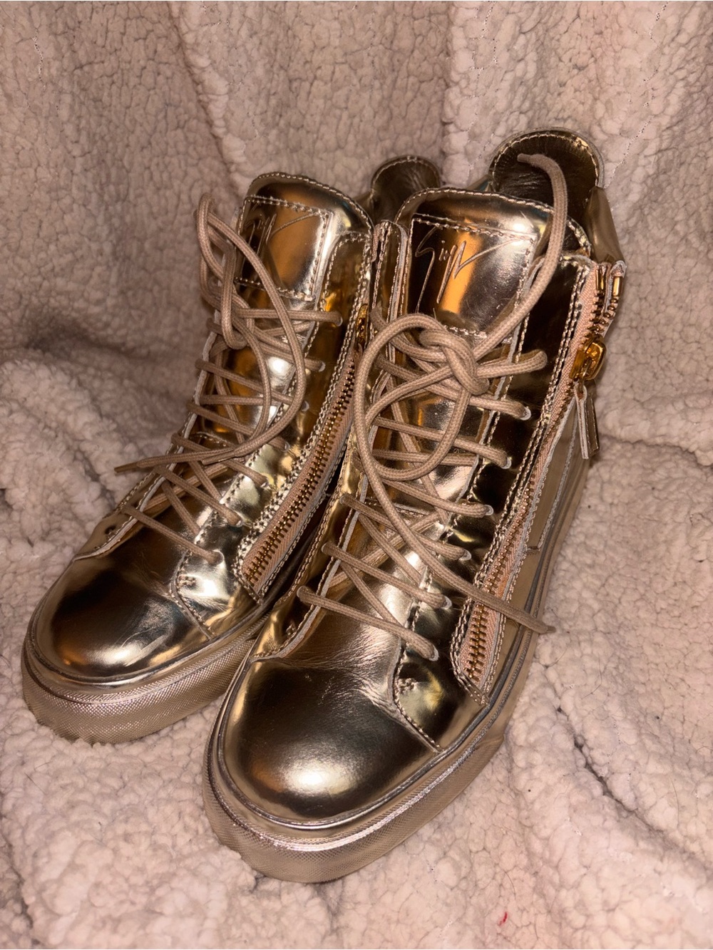 Giuseppe Zanotti Gold Metallic High Top Zip Sneakers Size 38 Made in Italy